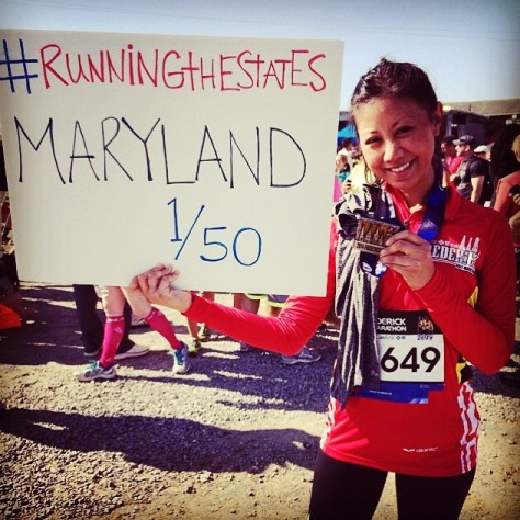 Post-race photo at the Frederick Half Marathon in Frederick, Md. It was very sunny.