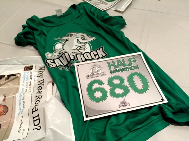 Savin Rock Half Marathon race bib and shirt. 