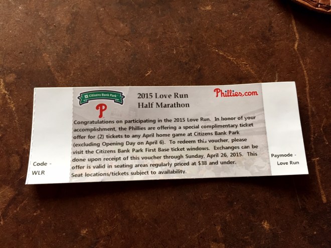 Cool race swag: Baseball tickets to any Phillies home game in April. 