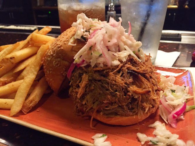 Post-race meal: A BBQ brisket sandwich from Jack Daniel's Saloon.