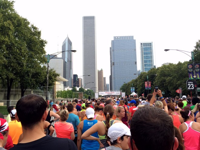 Waiting for my corral to cross the start line. 