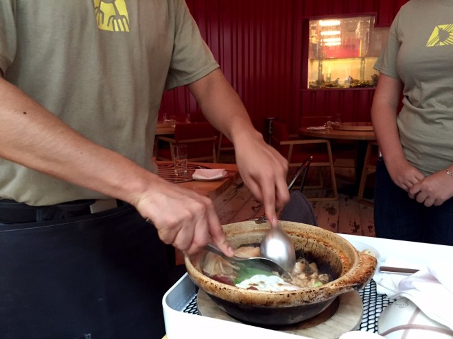 One of our entrées: Peruvian dish called Ají de Gallina (chicken in a spicy sauce)