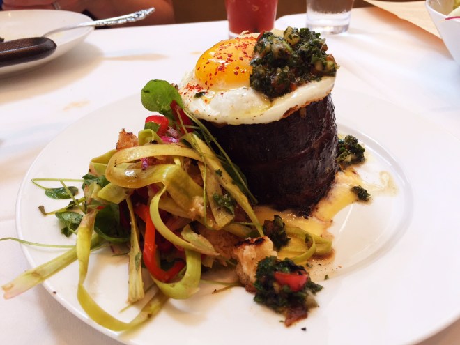 Fried egg on top of red meat. Amazing.