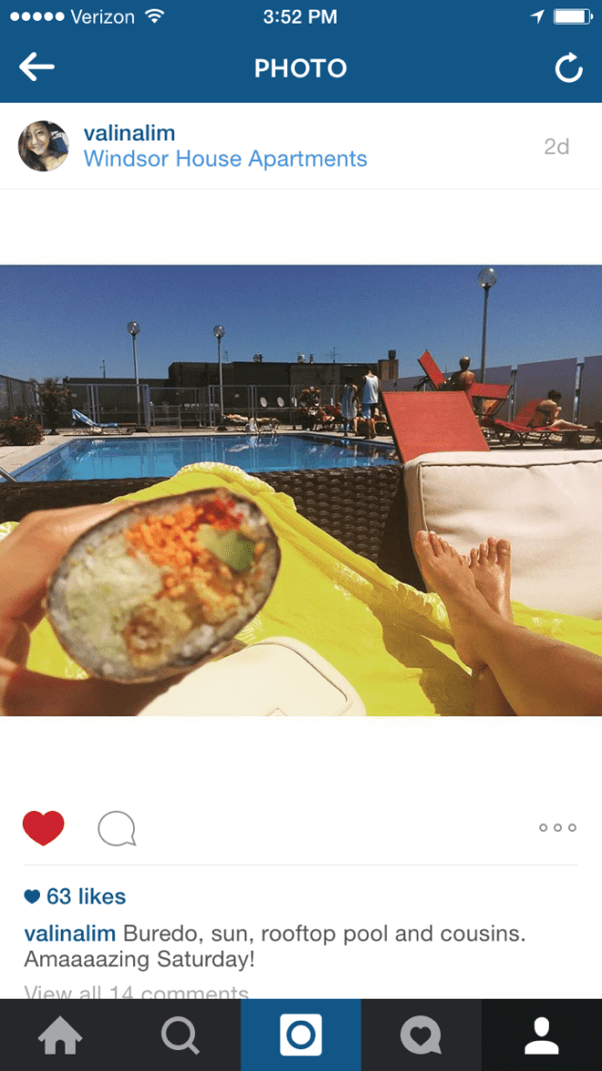 Sister's Instagram shot of her Saturday afternoon. 