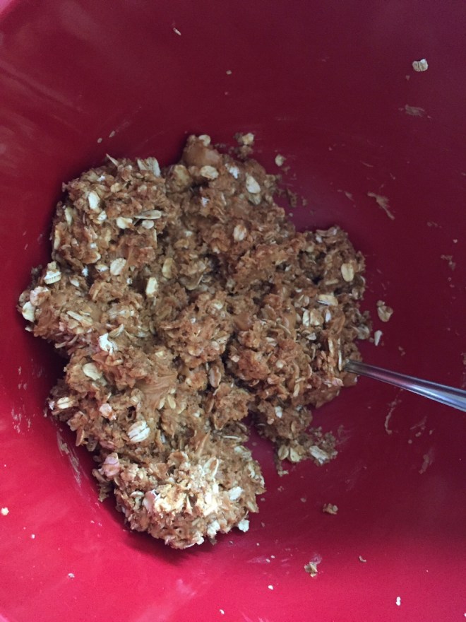 No-bake PB balls: mix, mix, mix. 