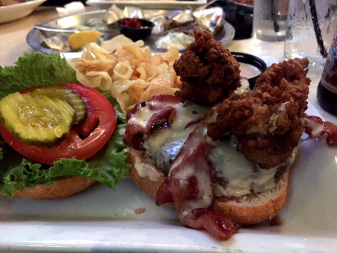 Burger with fried oysters on top! 