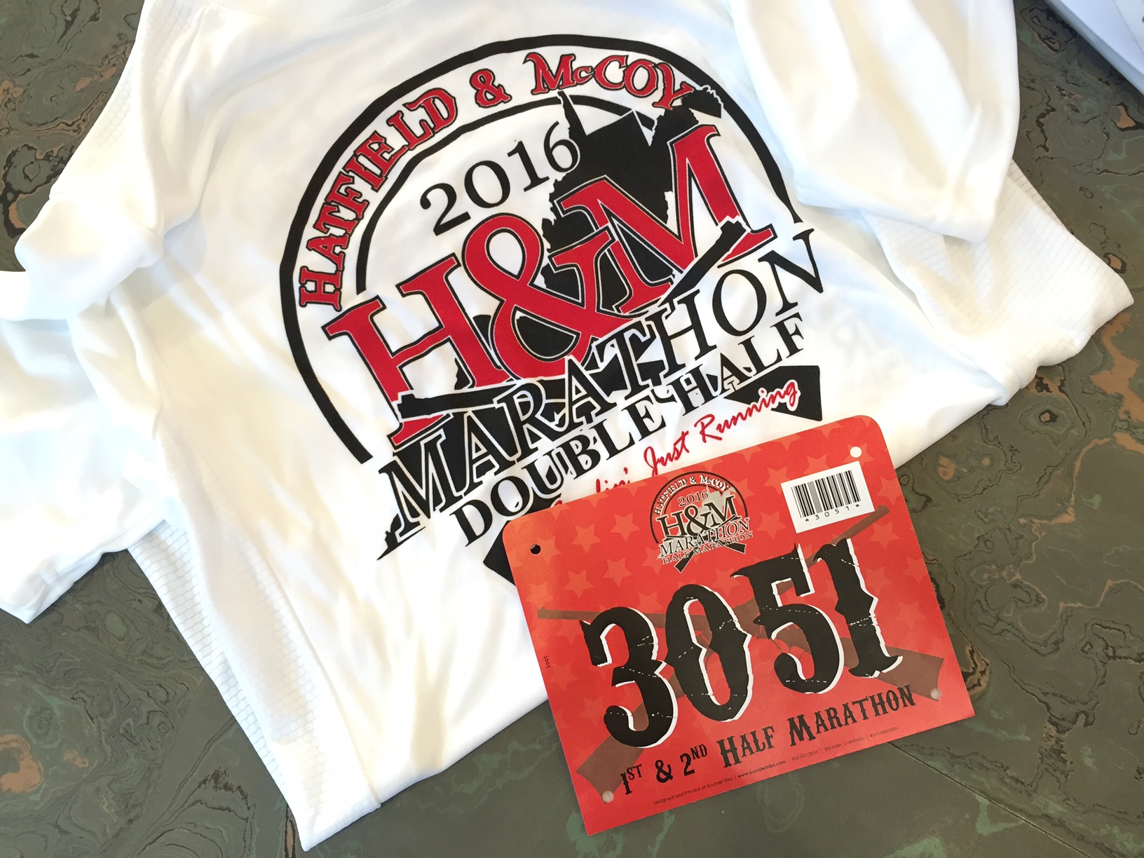 Hatfield-McCoy race shirt and bib.