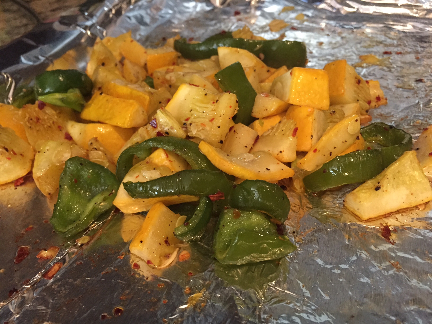 Pull roasted squash and pepper out of the oven